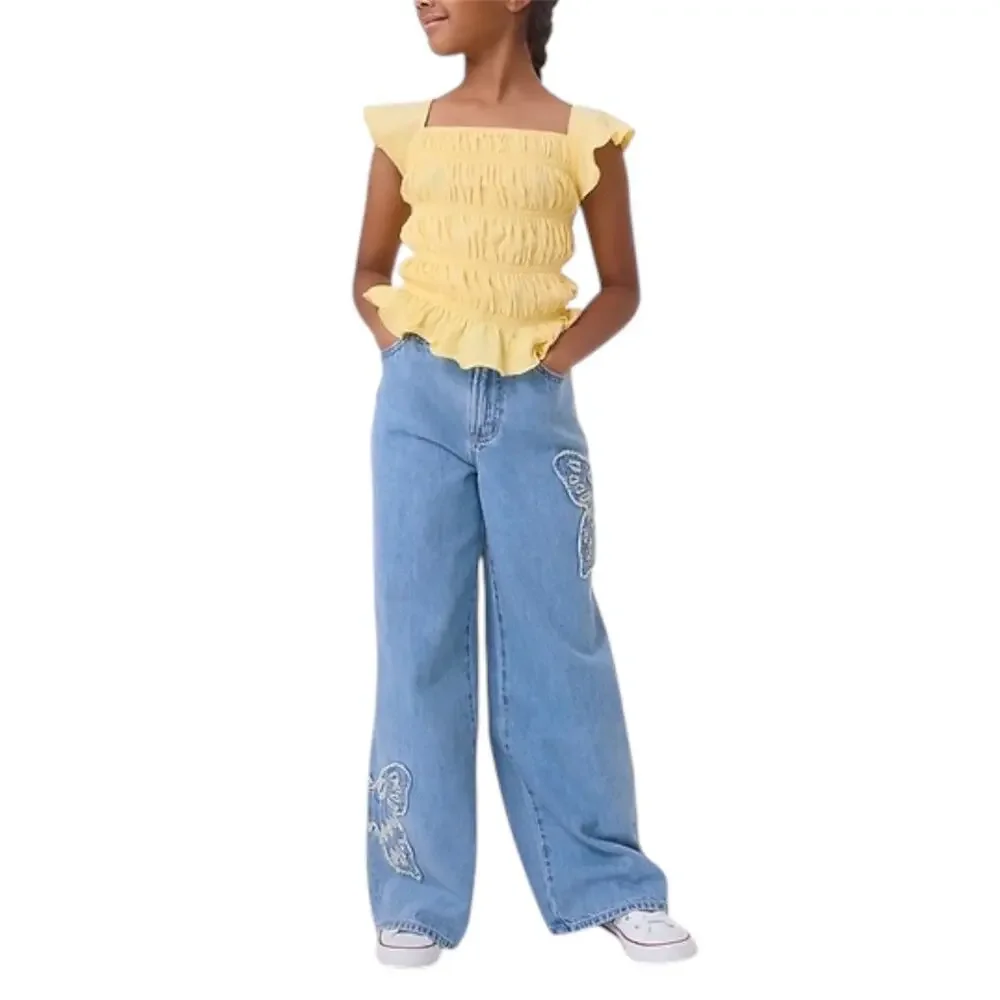 Gap Kids Butterfly Patch Wide Leg Jeans Y2K Denim Boho Aesthetic Sz Kids 12 Plus